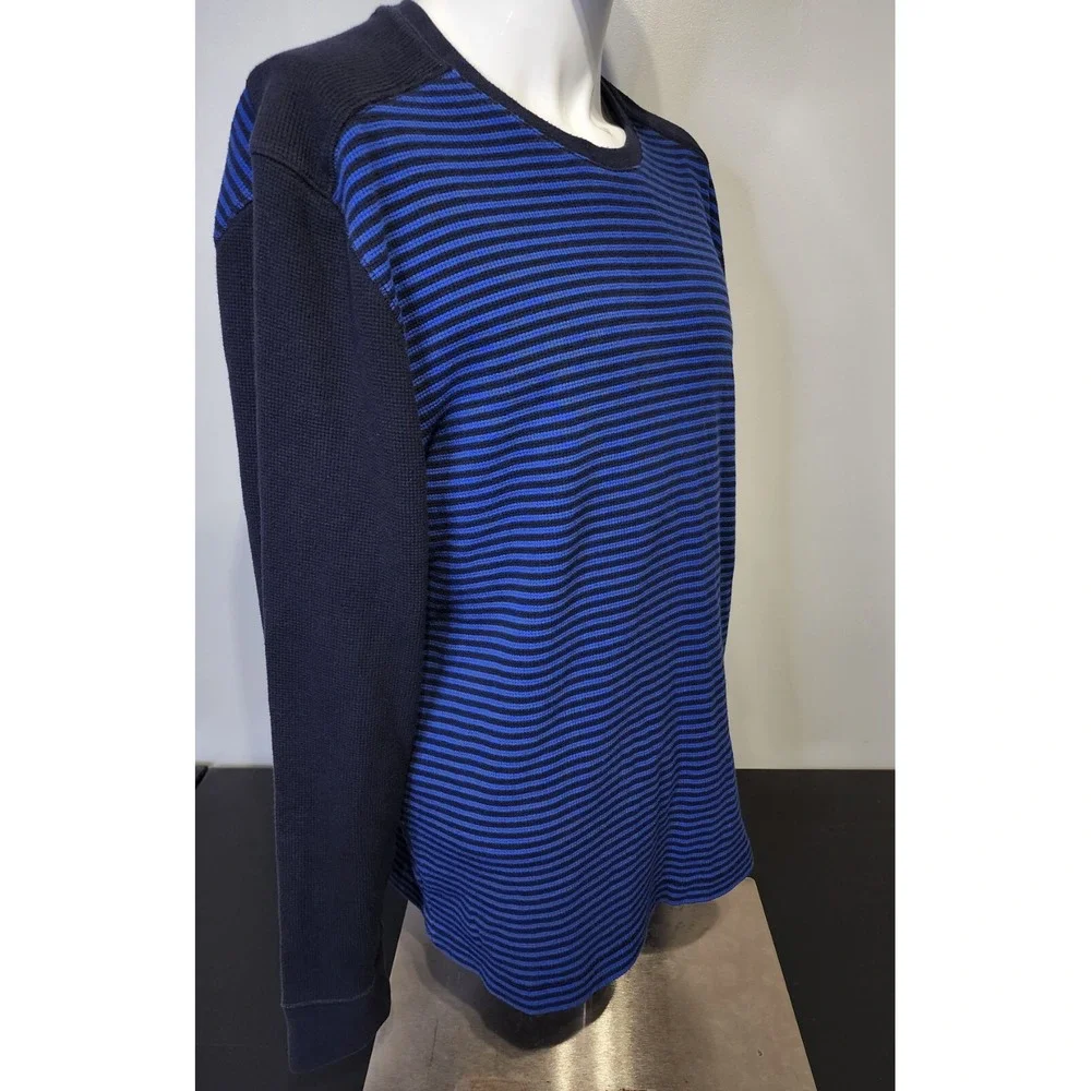 Banana Republic Men Waffle Size XL Shirt Black Blue Stripe Crew Neck Longsleeve